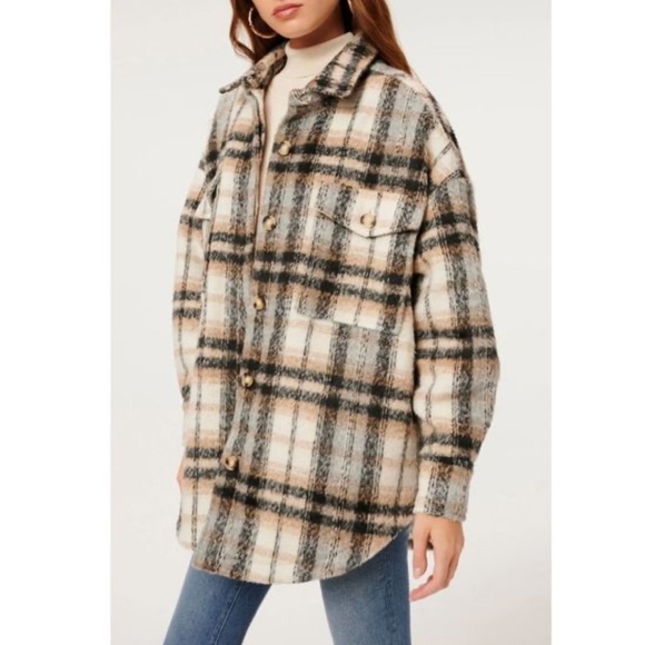 NWT Good American Plaid Shirt Jacket Shacket Neutral - Picture 1 of 14